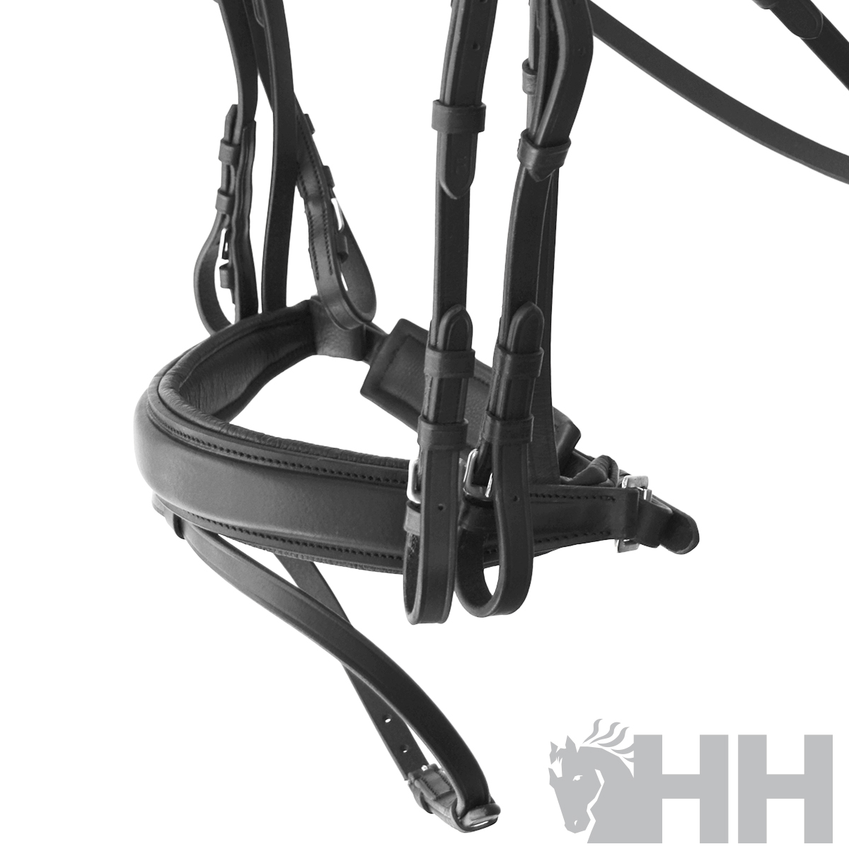 Freio de cavalo em pele preta com fivelas metálicas prateadas e logótipo HH