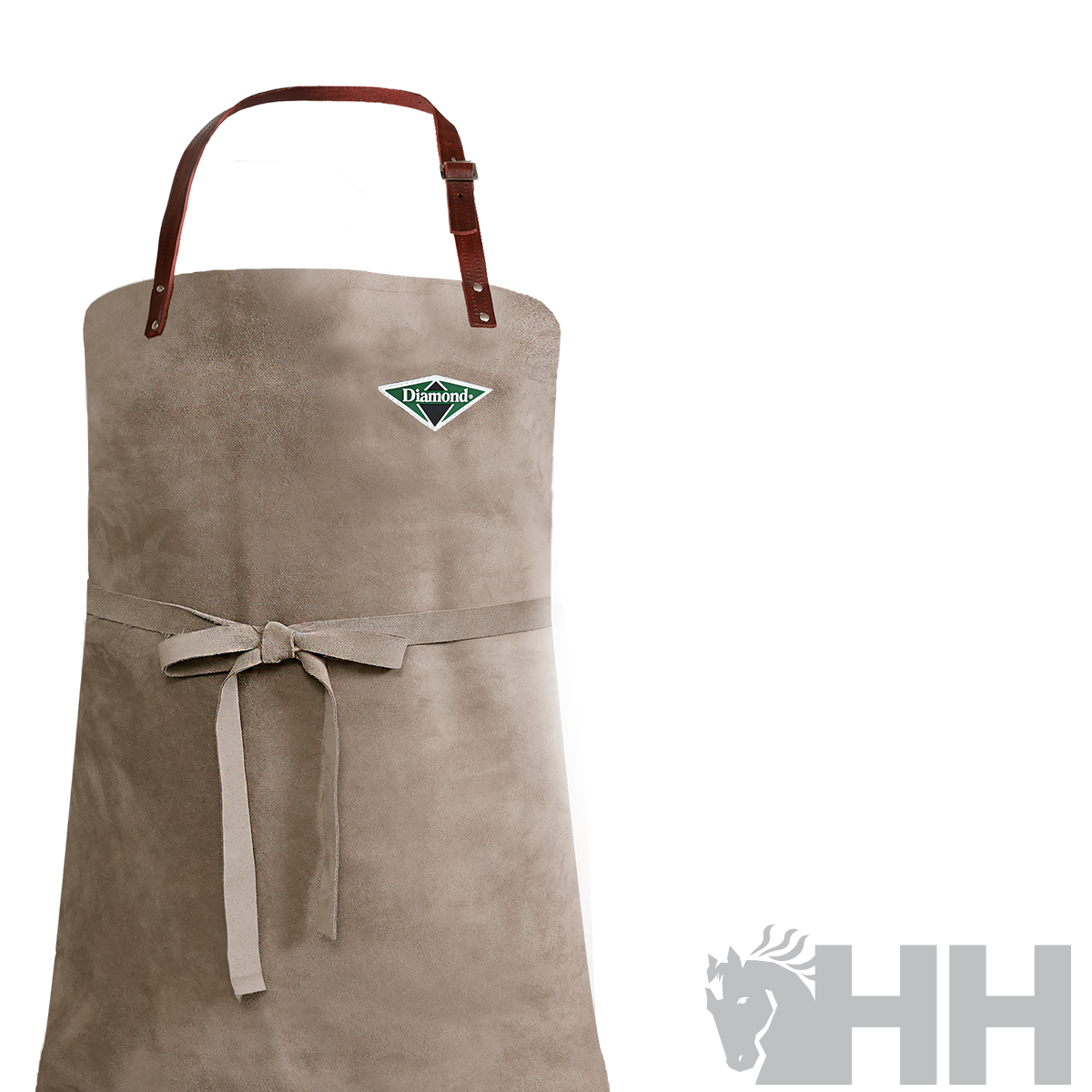 Avental cinzento em couro com alça castanha e fita para amarrar, etiqueta Durendi