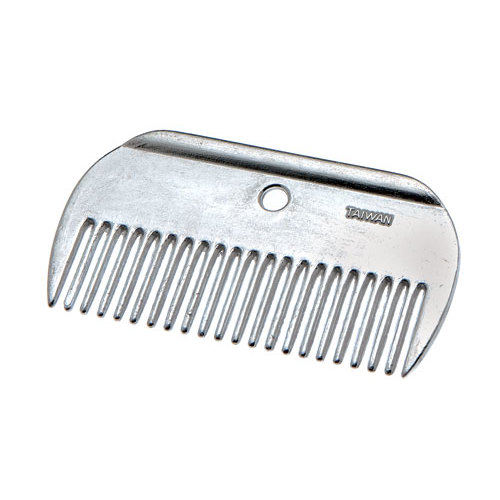 Pente metálico prateado com dentes grossos e buraco no centro