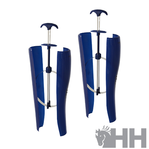 Dois suportes azuis para tamancos com dispositivos metálicos ajustáveis