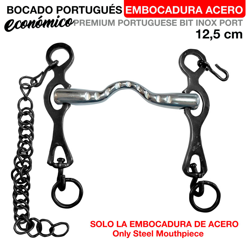 Bocado português com embocadura em aço inoxidável, laterais e corrente pretas
