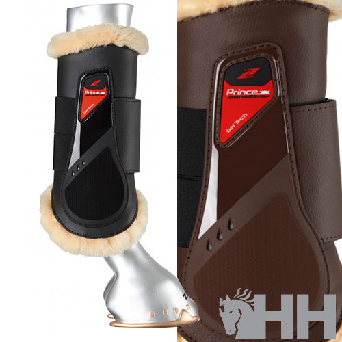 Protector para casco de cavalo em preto e castanho com pelúcia bege e etiqueta PRINCE GEL TECH