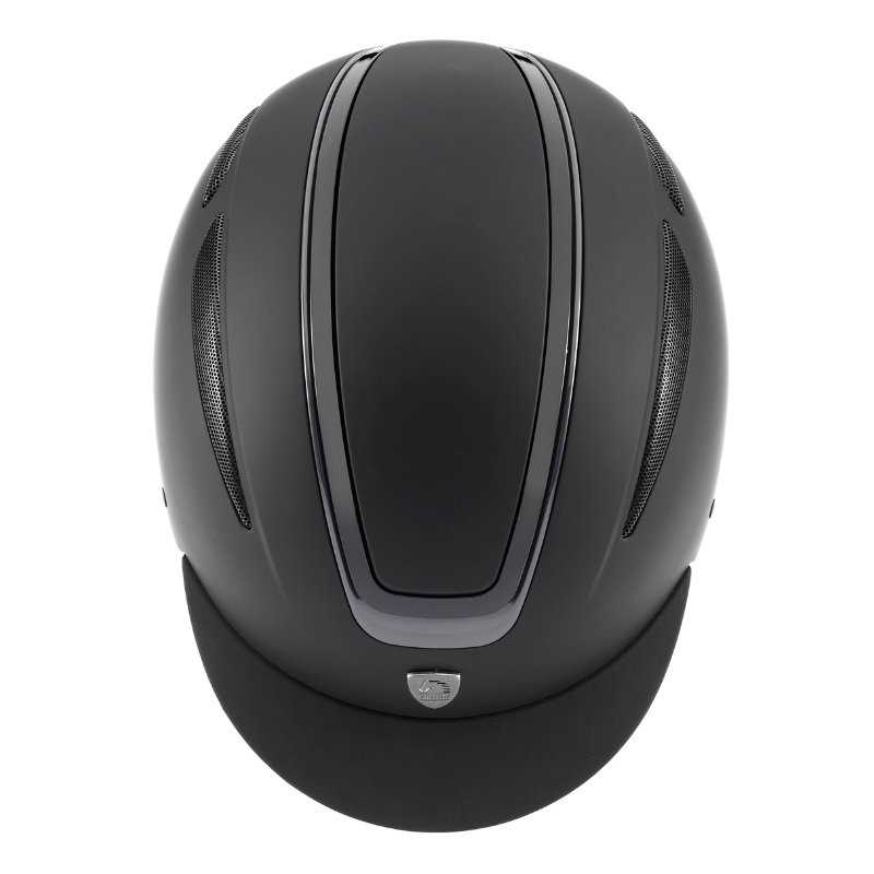 Capacete de equitação preto com detalhes cinza e ventilação em malha