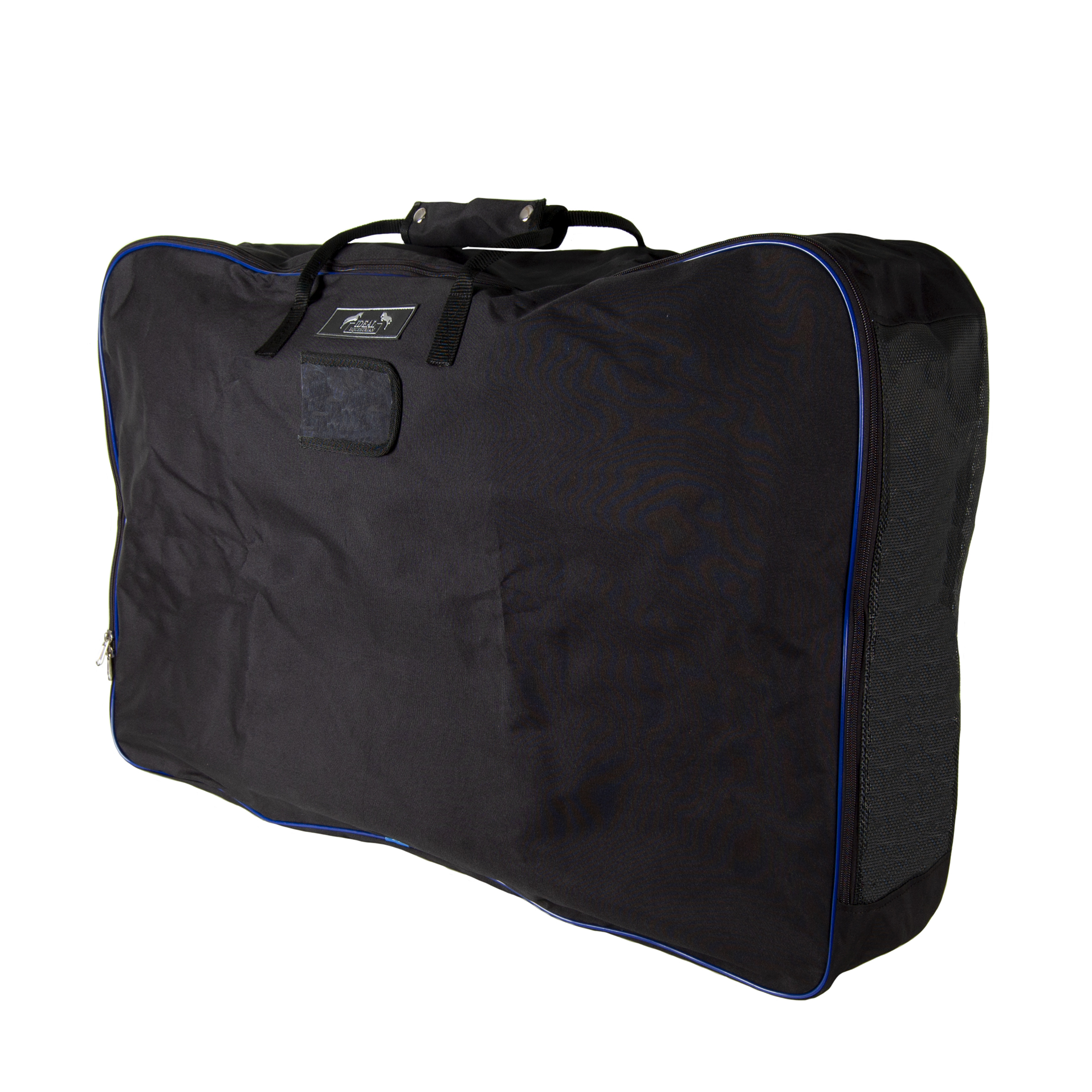 Saco de viagem preto com detalhes azuis e alça acolchoada