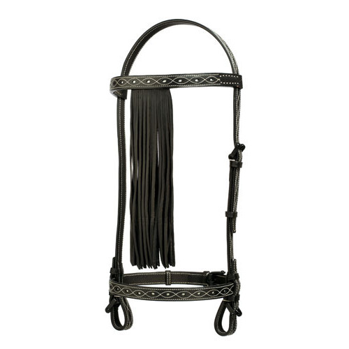 Cabeçada para cavalo em couro preto com franjas e detalhes bordados