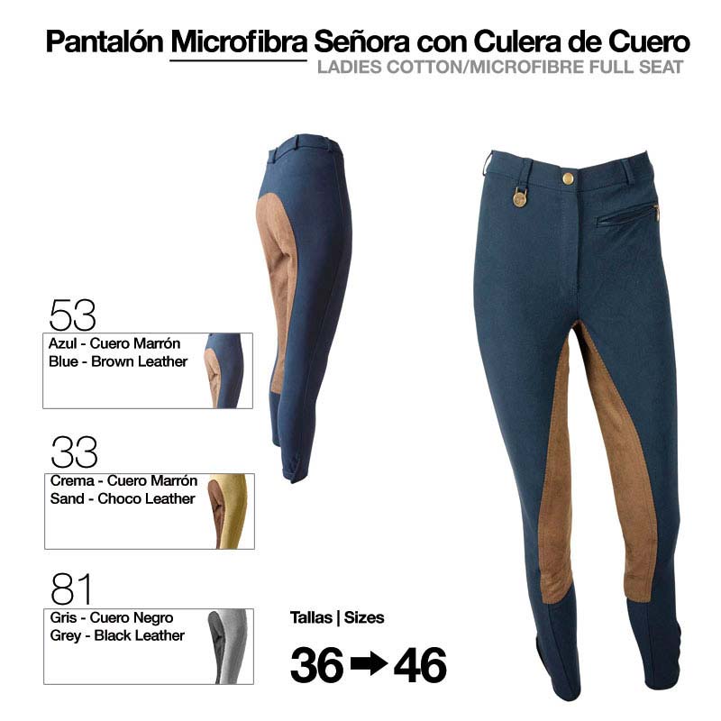 Calças senhora azul com culera de couro castanho