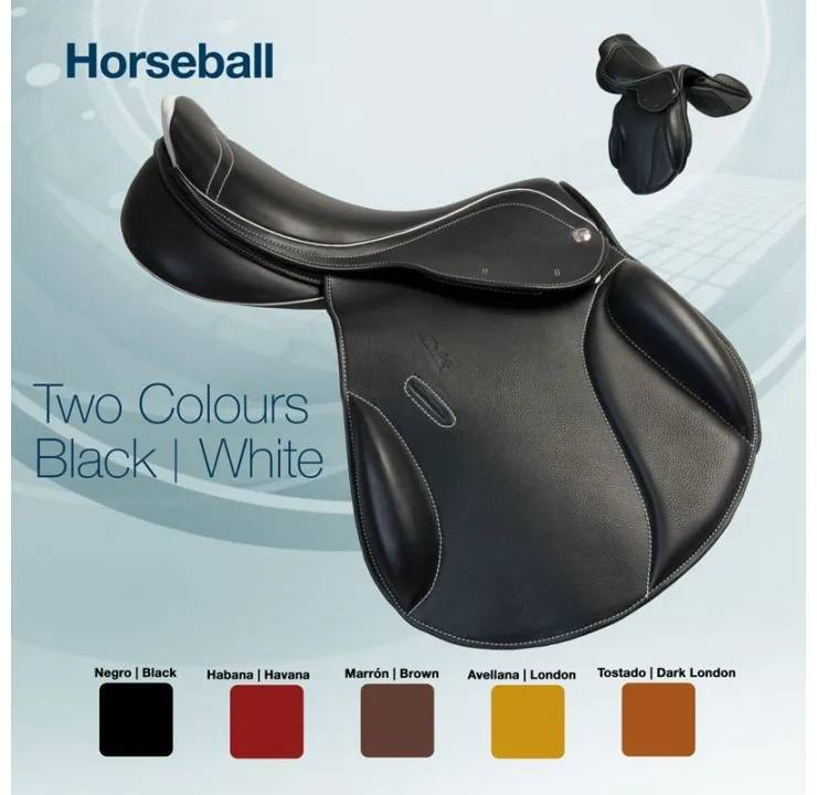 Sela preta de horseball com detalhes em branco e amostras de cores