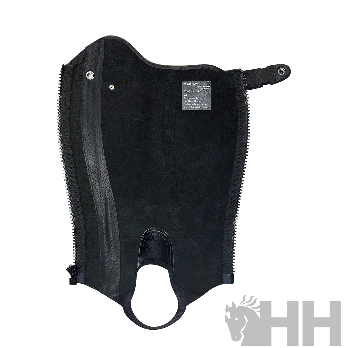 Chaps de equitação pretas em camurça com fecho lateral e tira ajustável