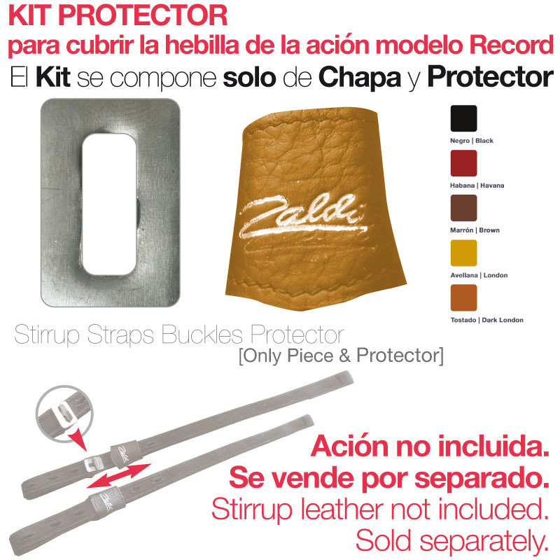 Kit protetor para fivela modelo Record com chapa metálica e protetor de couro marrom 'Caldi', diferentes cores indicadas, texto explicativo em espanhol e inglês