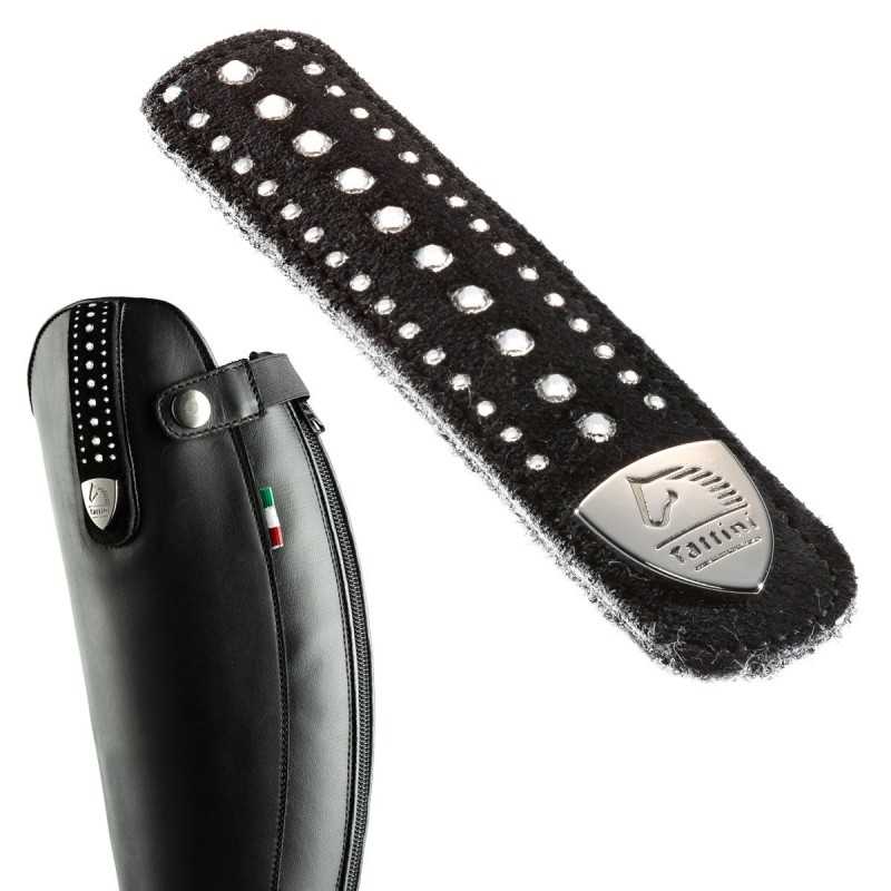 Perneira de equitação preta em couro sintético com detalhe de pele texturizada e placa metálica Tailine