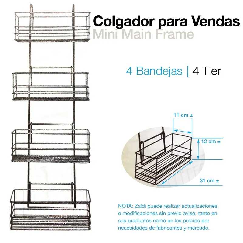 Colgador para Vendas Mini Main Frame com 4 bandejas de metal e texto em espanhol