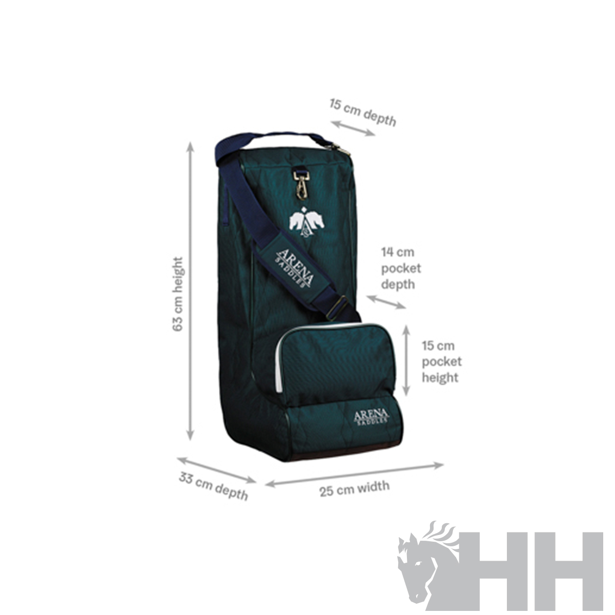 Mala desportiva verde escuro com alça azul e múltiplos compartimentos