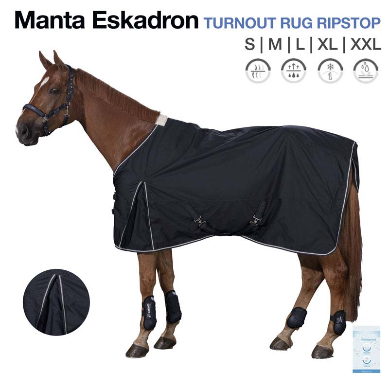 Manta Eskadron preta para cavalo com costura cinza e proteção nas patas