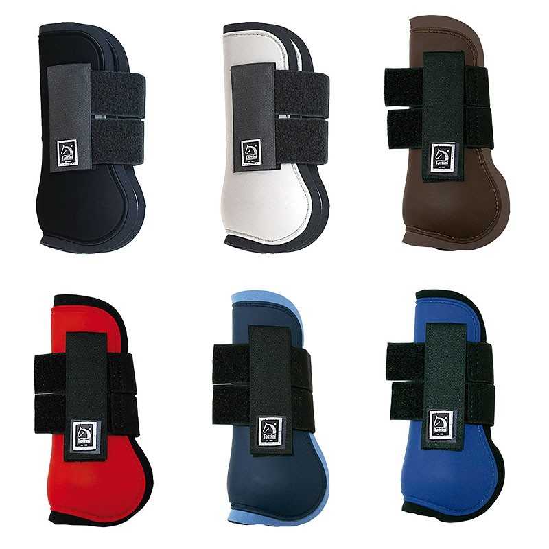 Seis protetores para patas de cavalo em várias cores com tiras de velcro e etiqueta