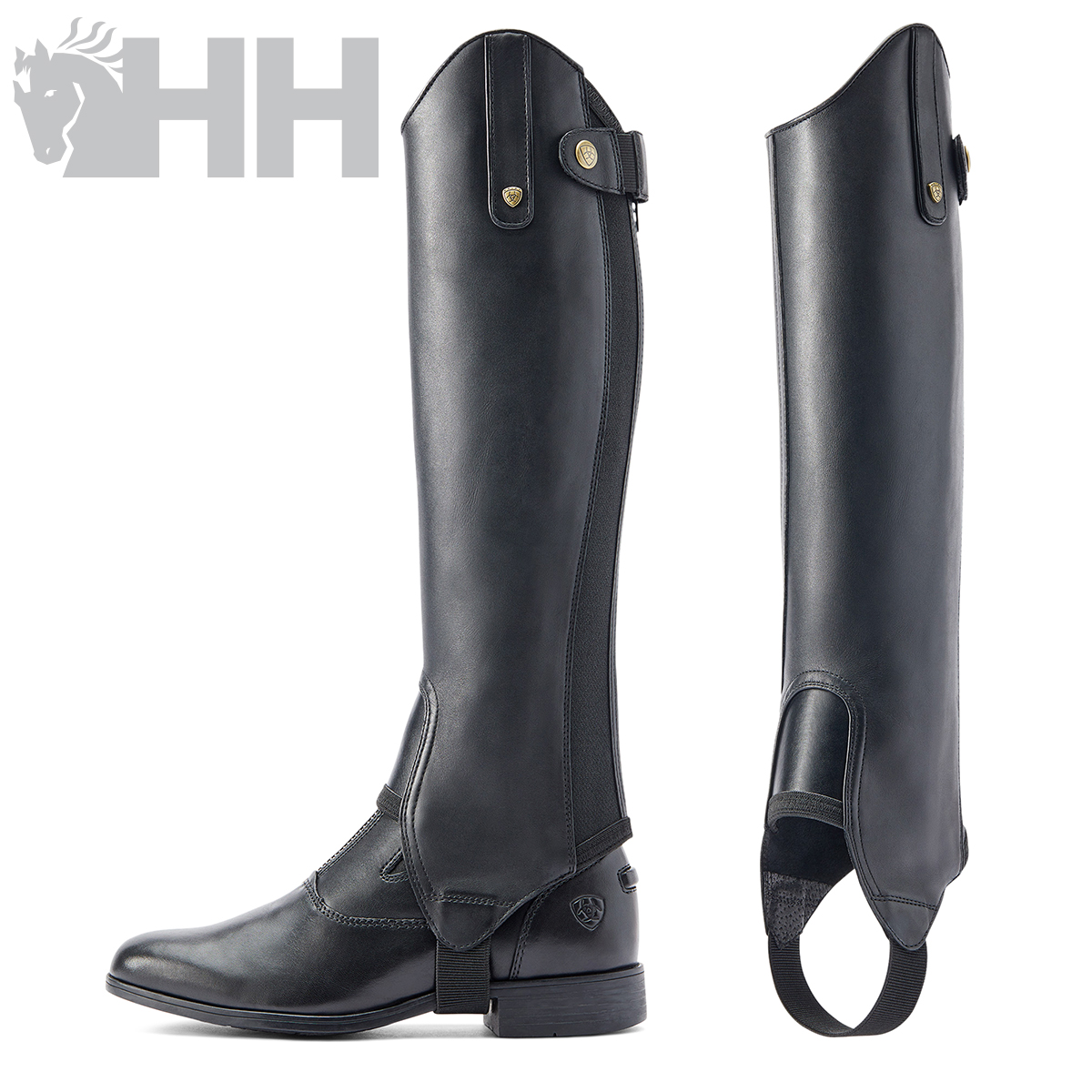 perneiras de couro pretas com hebilhas e correia elástica