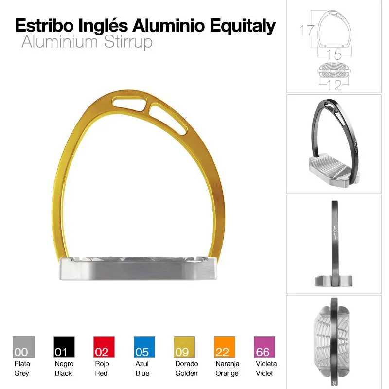 Estribo inglês em alumínio amarelo dourado e prata com textura antiderrapante e legenda de cores