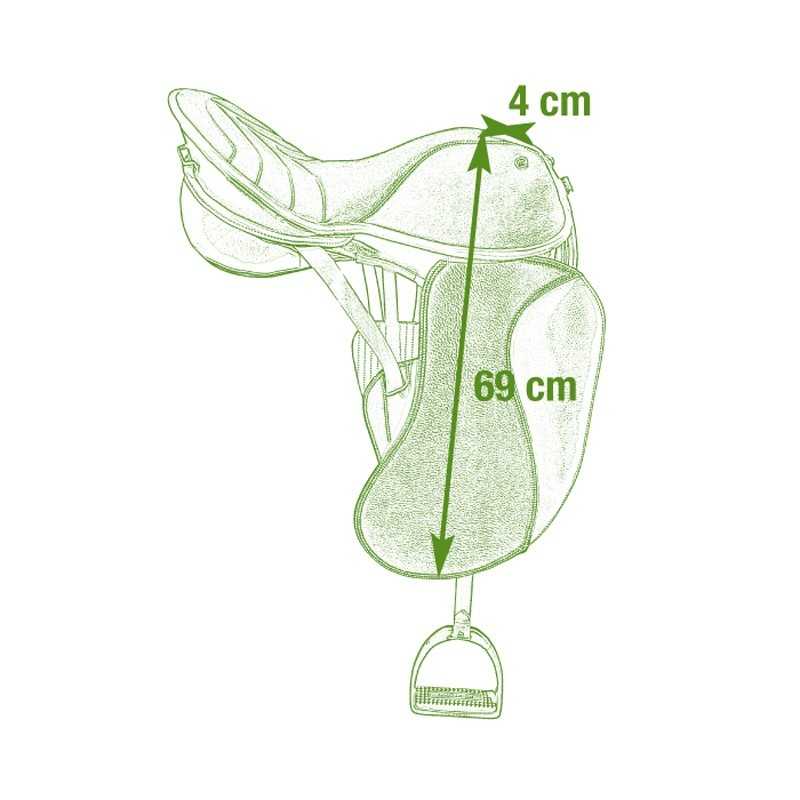 Sela de cavalo verde com medidas 4 cm e 69 cm indicadas