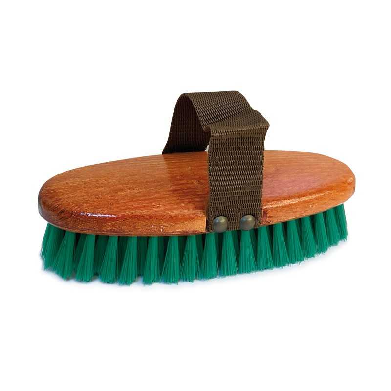 Escova de limpeza oval de madeira com cerdas verdes e alça de tecido castanho