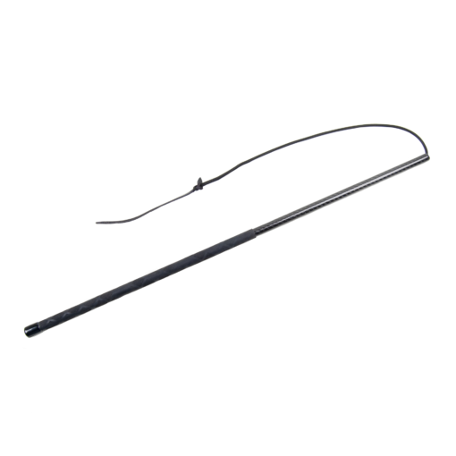 Vara de pesca preta com cabo antiderrapante e linha fina.