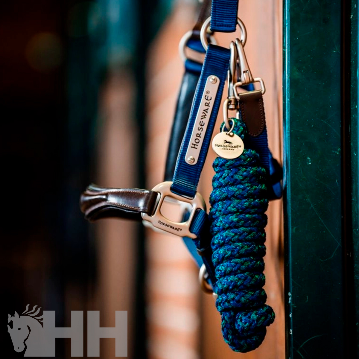 Cabresto e cabos de chão azuis com detalhes em couro castanho pendurados numa estrutura metálica perto de parede de tijolos vermelhos