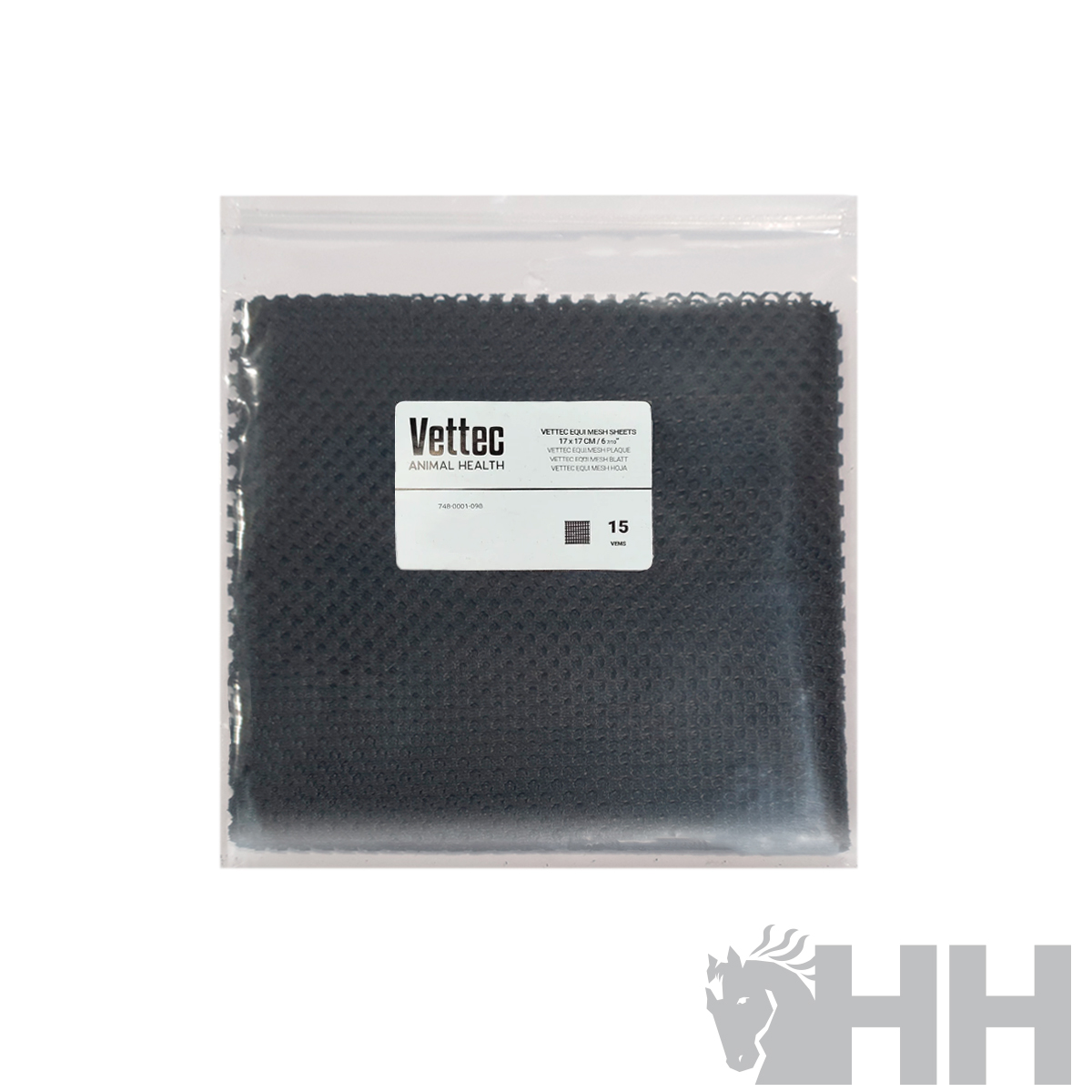 Pano preto de malha embalado em bolsa zip transparente com etiqueta Vettec