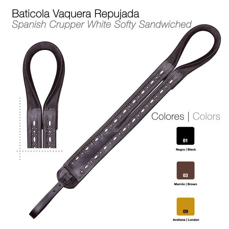 Correia de guitarra preta em pele com padrão perfurado e costuras visíveis