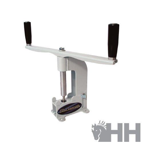Máquina de montagem manual branca com duas alavancas pretas e etiqueta Blaxsmith