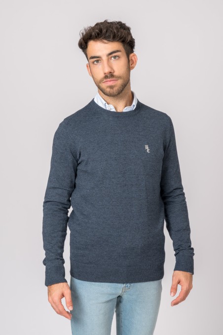 Camisola azul escuro de malha com logótipo bordado no peito