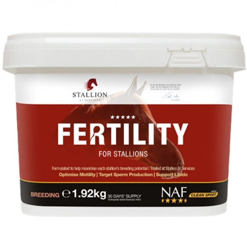 Recipiente branco com tampa contendo produto Fertility para garanhões da marca Stallion, rótulo vermelho e branco.