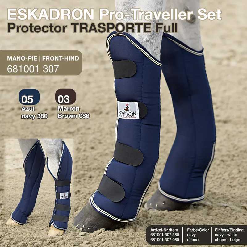 Proteções azuis para pernas de cavalo com tiras pretas e etiqueta branca da marca ESKADRON