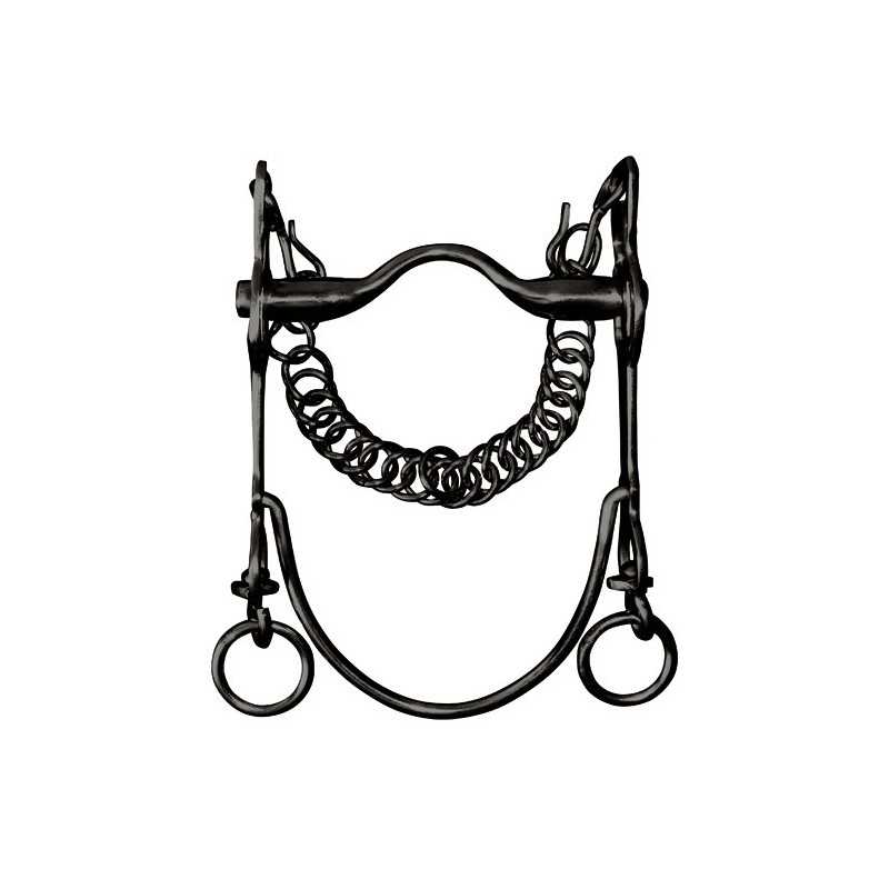 Freio de cavalo em metal preto com corrente e argolas