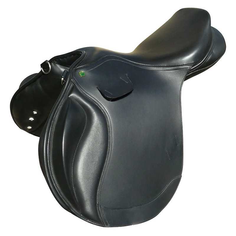 Selim de cavalo preto em couro com bolso pequeno e costuras visíveis