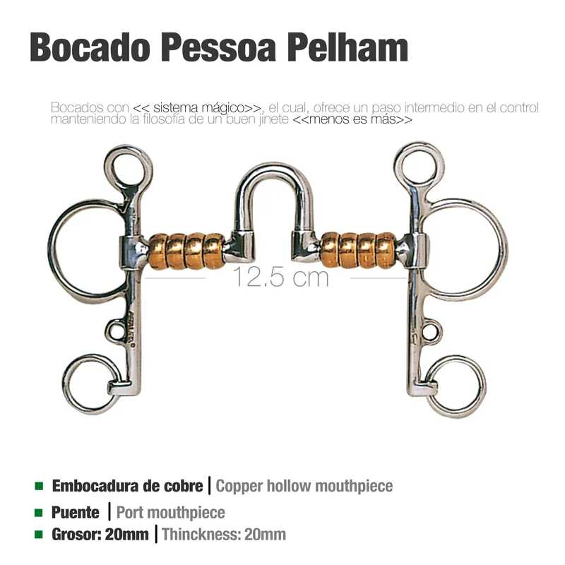 Bocado Pessoa Pelham em metal com partes douradas e texto informativo