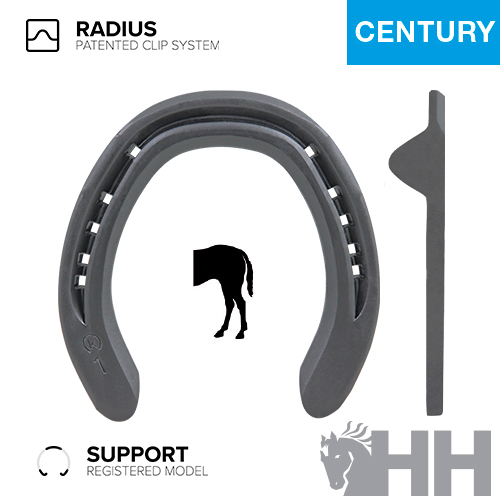Ferradura RADIUS cinza com sistema de clip patenteado e logotipos visíveis