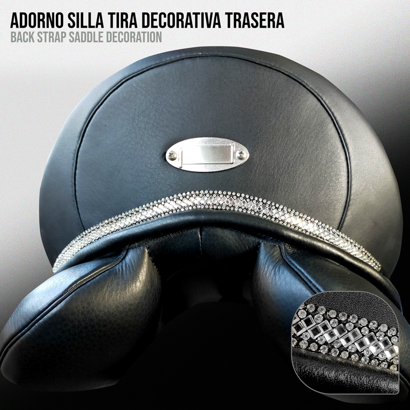 Assento de sela preto com tira decorativa com pedras brilhantes e chapa metálica oval.