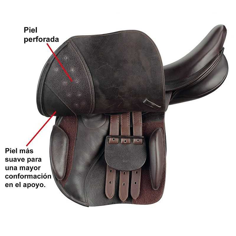 Sela de cavalo em pele preta com detalhes e três tiras para fixação