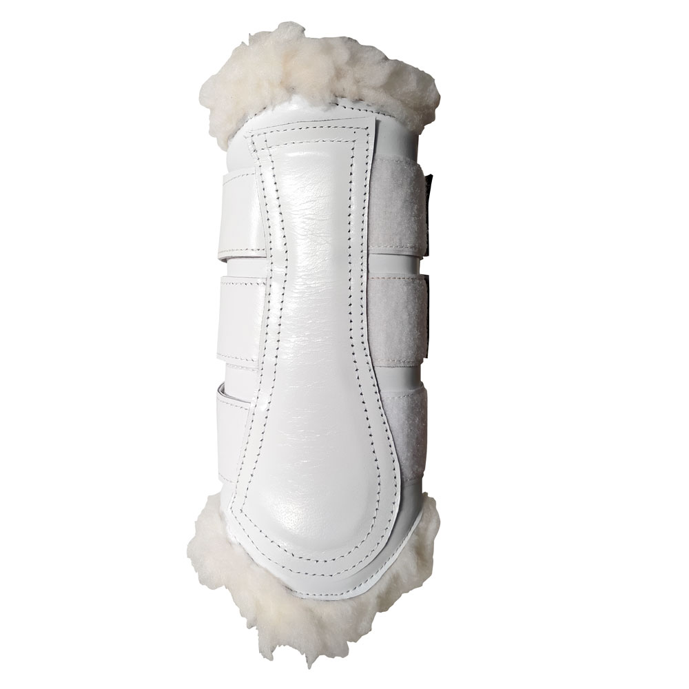 Protetor branco para cavalo com acabamento em pele sintética e três tiras de velcro