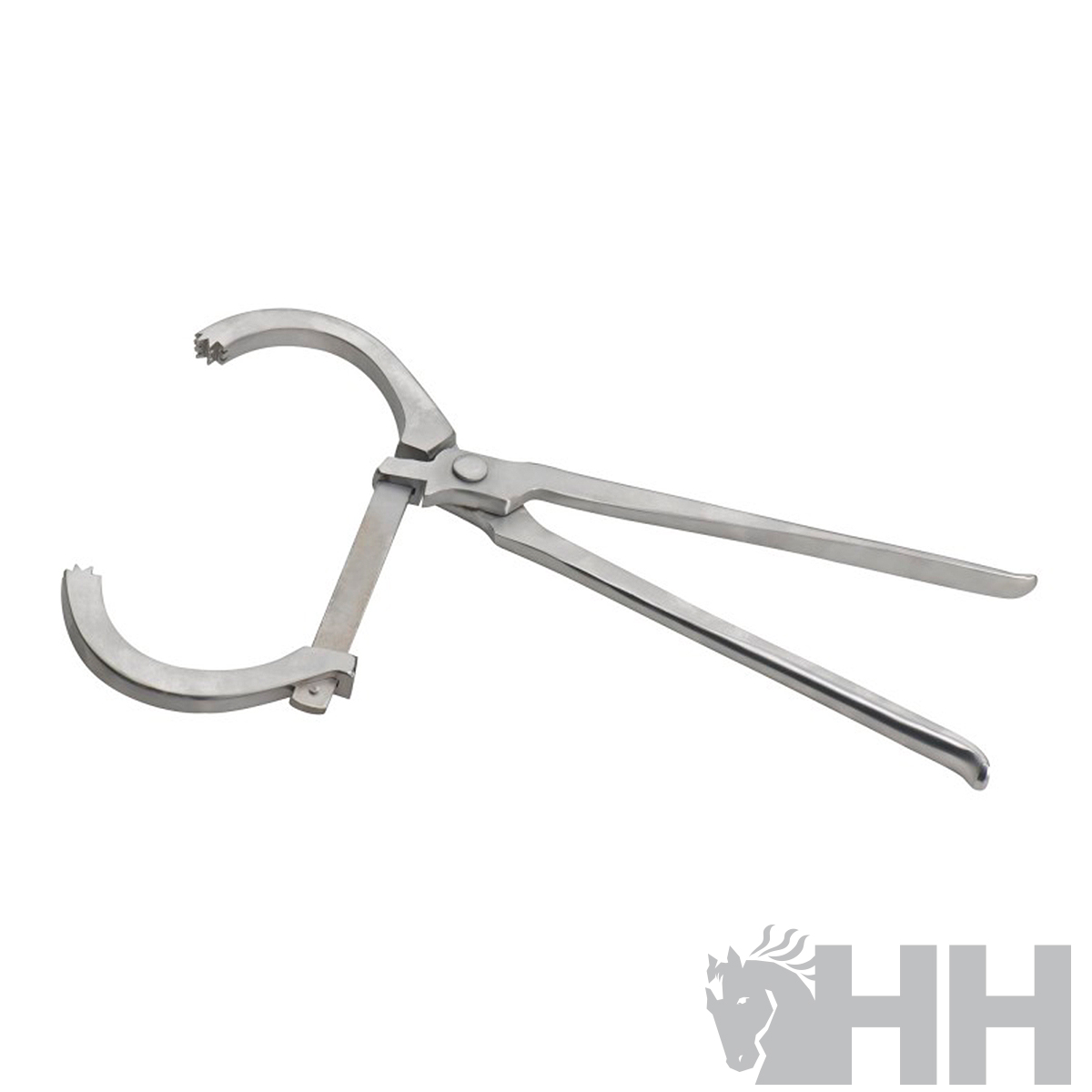 Alicate metálico prateado com duas alças e cabeça semicircular dentada