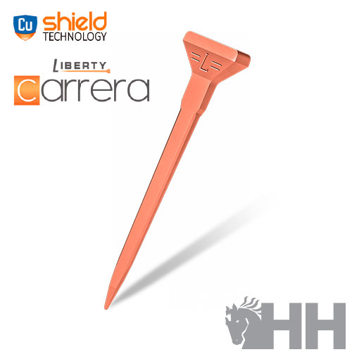 Taco de golfe alaranjado com letra E e texto promocional