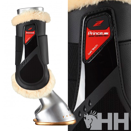 Protector equino preto com interior de pelo creme e detalhes em vermelho