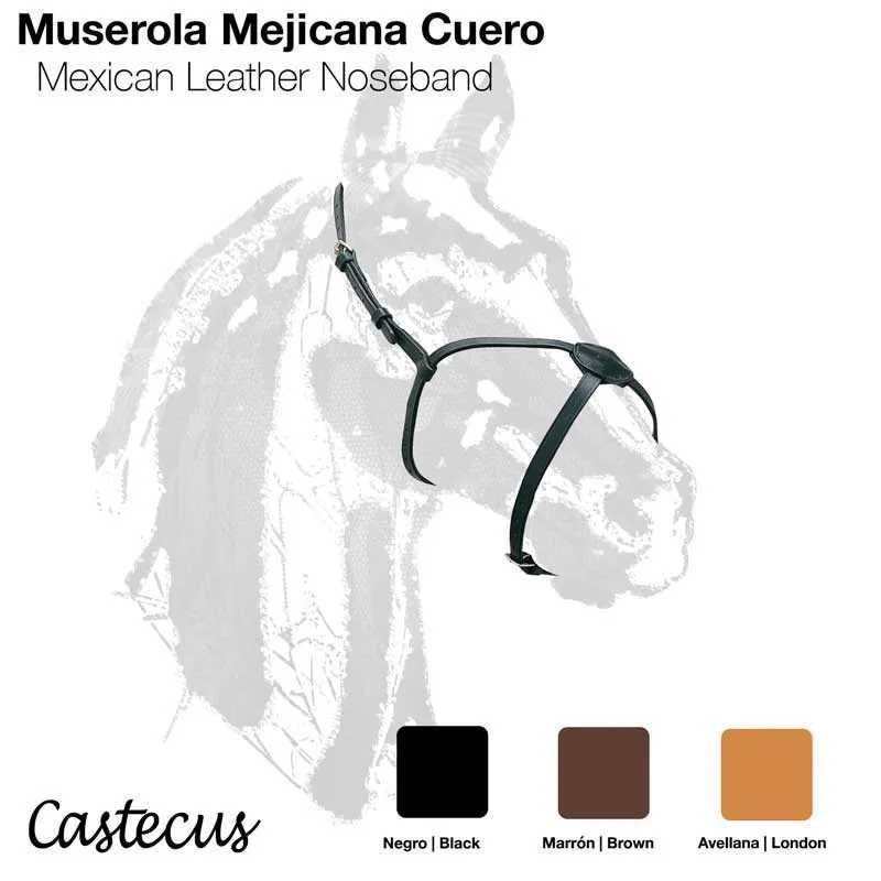 Muserola mexicana em couro em três cores alternativas mostradas com imagem de cavalo com a muserola.