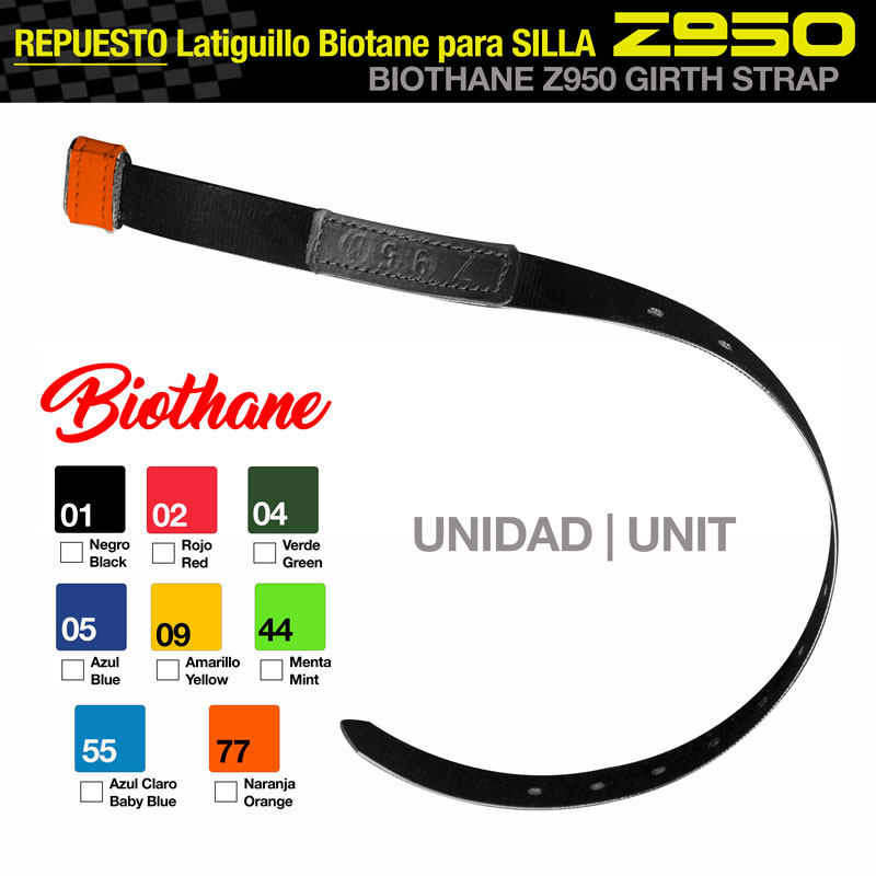 Cinta preta em biothane para sela com extremidade laranja e paleta de cores dos produtos Biothane Z950