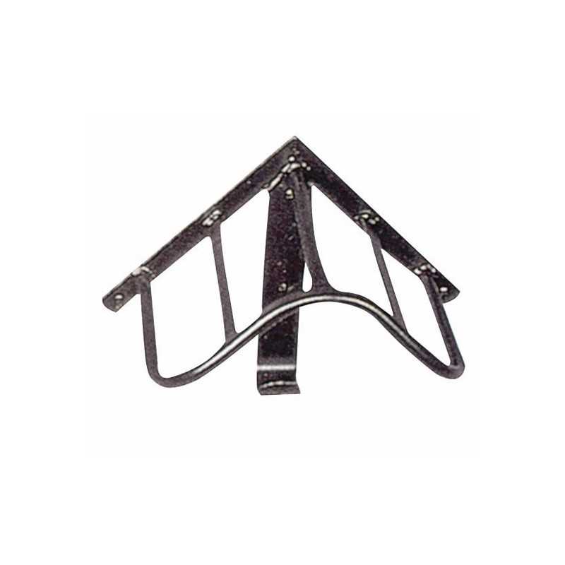 Suporte de metal triangular preto com sinais de ferrugem