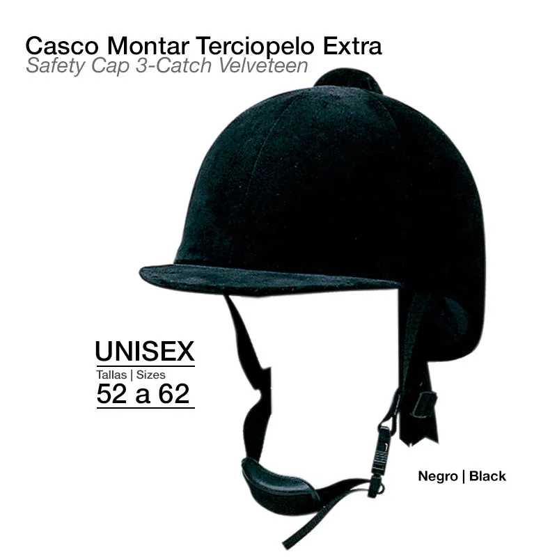 Capacete de montar preto em veludo com alças ajustáveis e texto informativo ao lado.