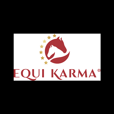 Logótipo Equi Karma com cavalo vermelho e estrelas douradas