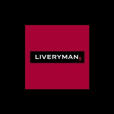 Logótipo LIVERYMAN em letras brancas sobre fundo preto e fundo vermelho