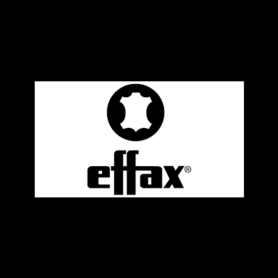 Logotipo preto da marca effax com símbolo circular de pele de couro