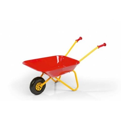 Carrinho de mão infantil vermelho e amarelo com uma roda
