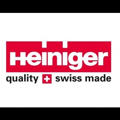 Logótipo Heiniger com texto 'quality swiss made' e cruz vermelha