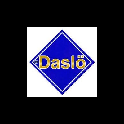 Logotipo azul em losango com texto dourado 'Daslö'